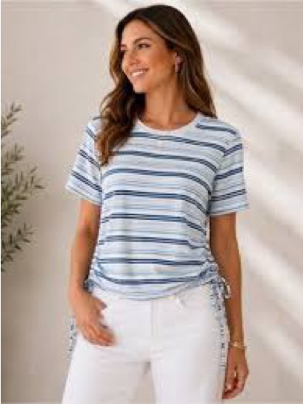 Veronica Beard Light Blue Striped Short-Sleeve Tie-Hem Tee